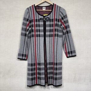 NEW Anne Klein Womens Plaid Long‎ Cardigan Medium Leather Buckle Open Classic